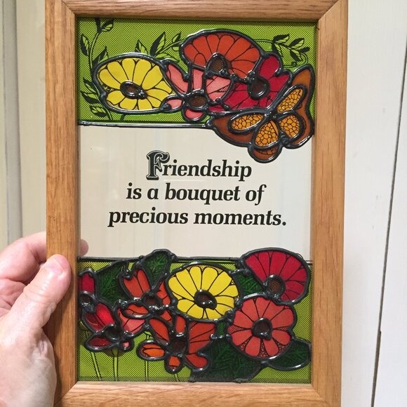 Stained Glass Friendship Is.. Flowers Suncatcher Window/Wall Decor/Wood Frame - Picture 1 of 4